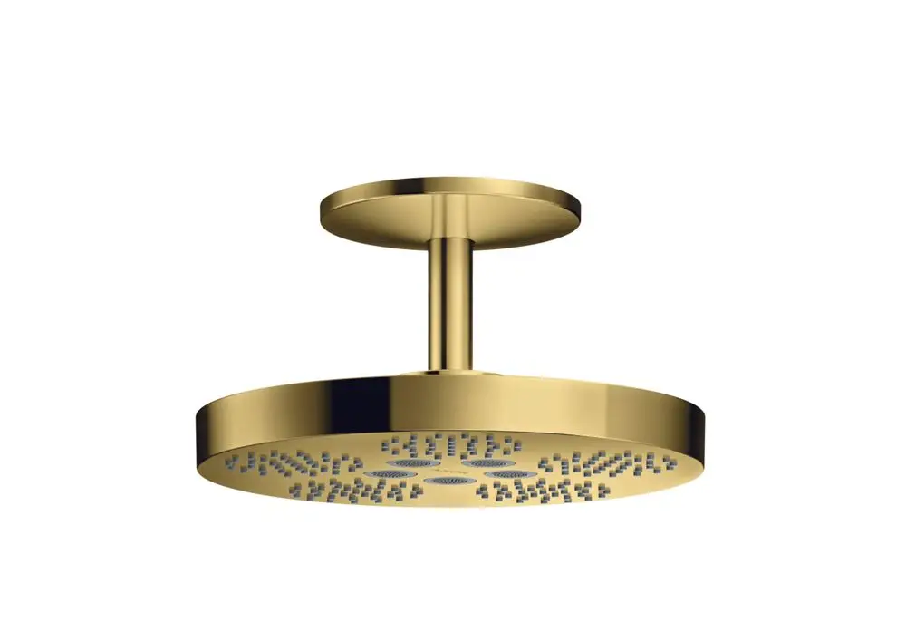 Deckenmontierte Kopfbrause in Polished Gold Optic, mit zwei Strahlarten. Produkt von AXOR, minimalistisches Design mit klaren Linien und strukturierten Düsen.